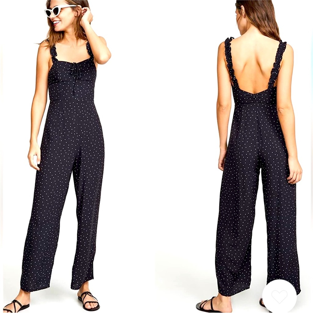 CHARLIE HOLIDAY revolve jumpsuit white polka dot small 4 ruffle overalls navy